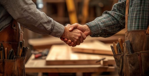 Handshake between two craftsmen in workshop, symbolizing collaboration, agreement, and partnership in skilled trades.