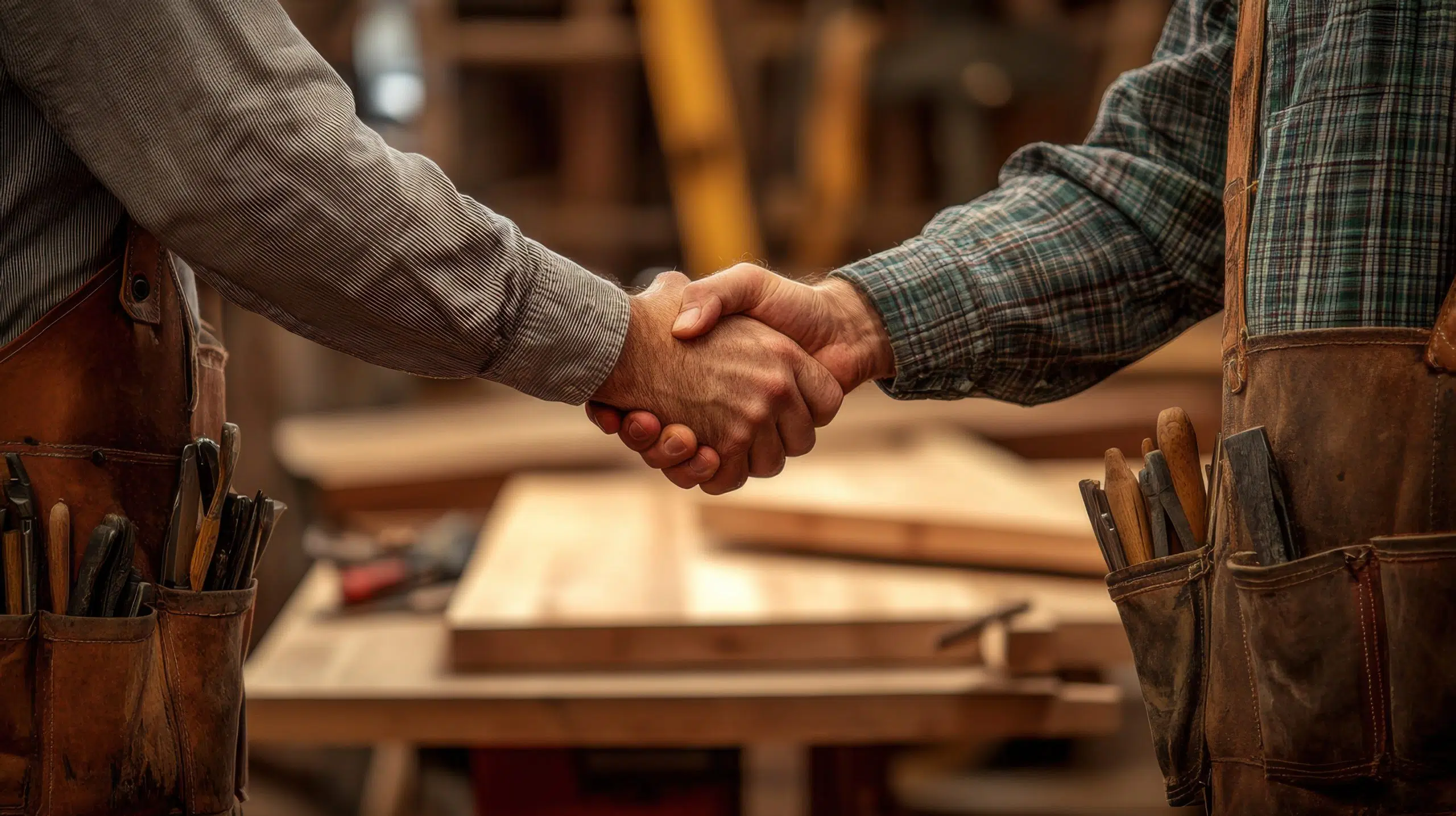 Handshake between two craftsmen in workshop, symbolizing collaboration, agreement, and partnership in skilled trades.